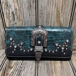 American Bling Western Teal Crocodile Black Studded Rhinestone Tri-Fold Wallet